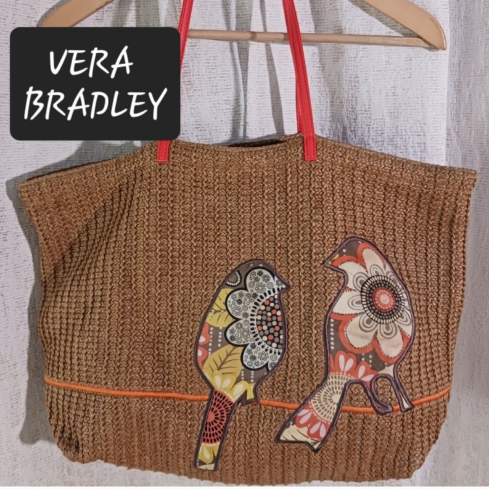 Vera Bradley tote rattan straw bag handbag bird appliques
